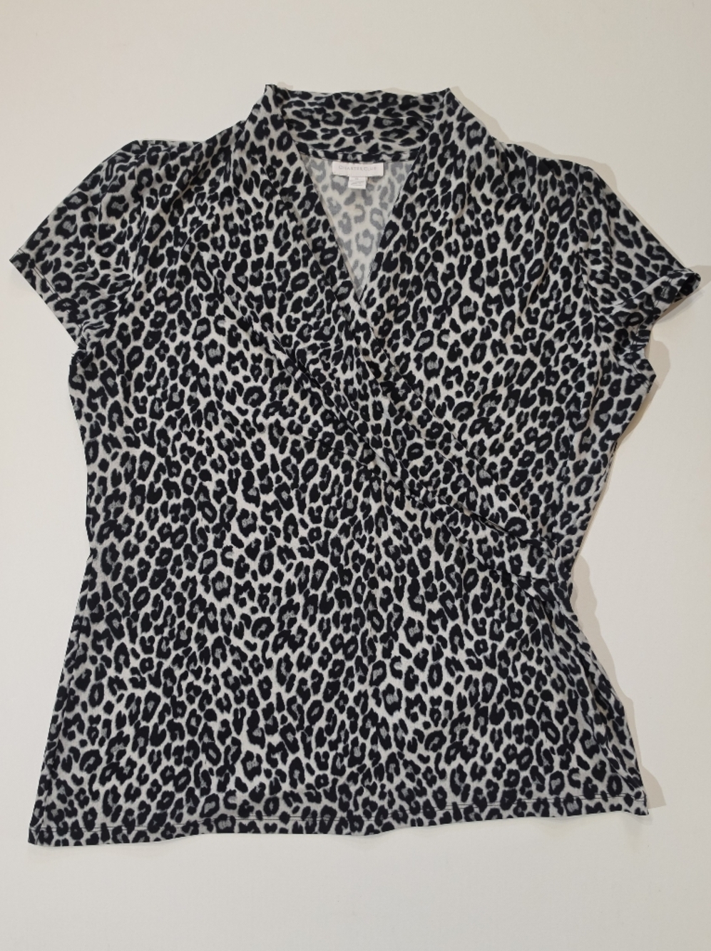 Charter Club Black and White Leopard Print Short-Sleeve Wrap Top